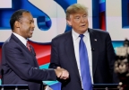 Republican presidential candidate, retired neurosurgeon Ben Carson, left, and Republican presidential candidate, businessman Donald Trump shake hands after a Republican presidential primary debate at The University of Houston, Thursday, Feb. 25, 2016, in Houston. (AP Photo/David J. Phillip) GOP 2016 Debate_Smit (2).jpg